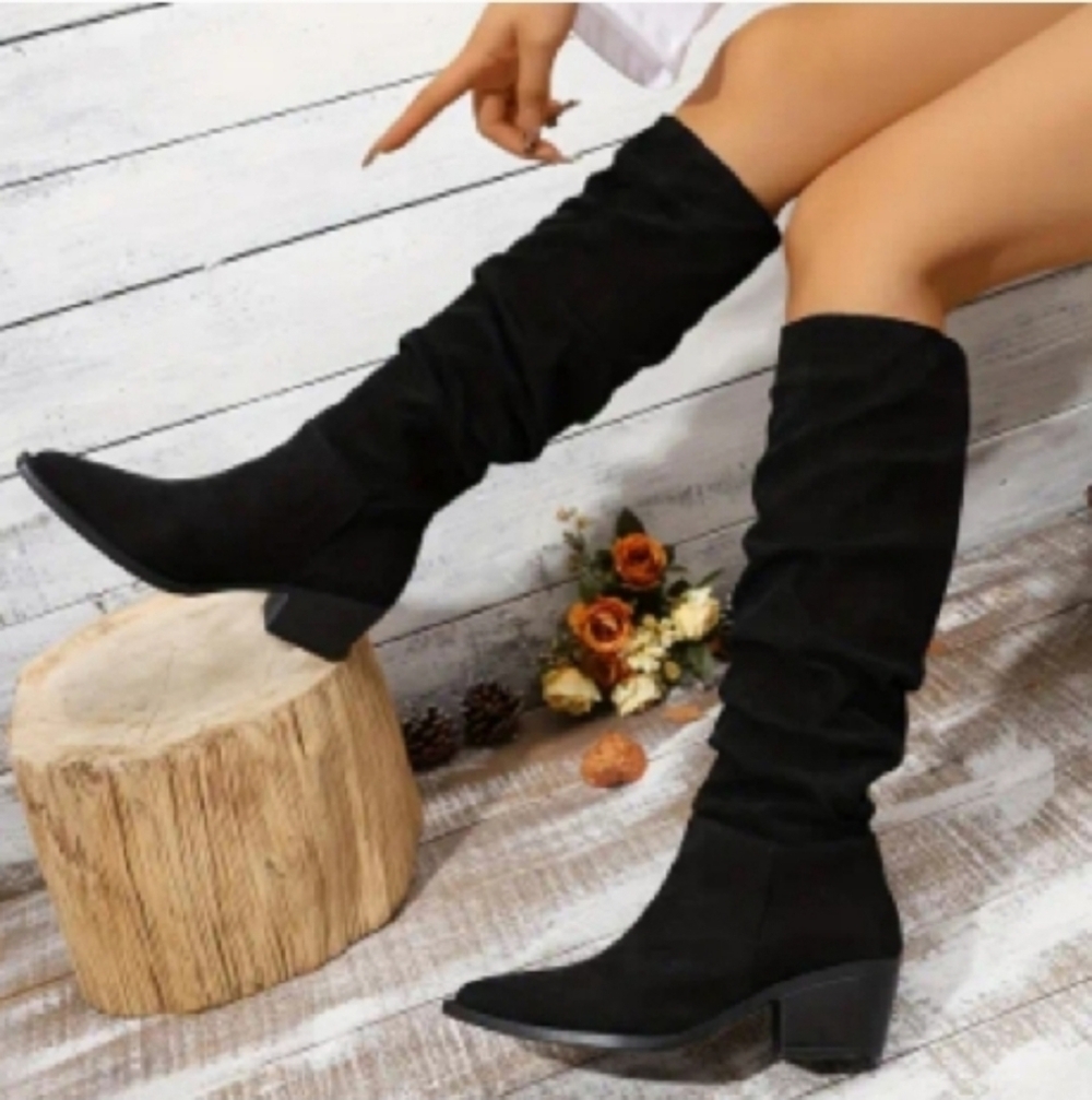 Ladies Long Black Suede Knee-High Boots